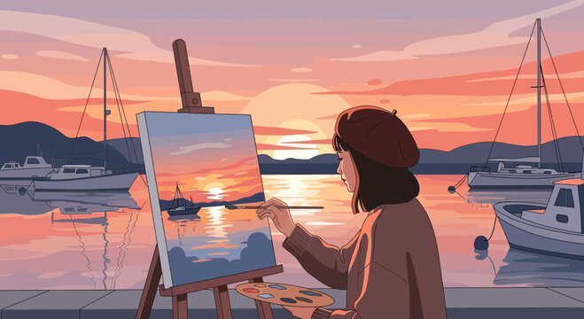 Woman Painting Canvas on Easel at Sunset.