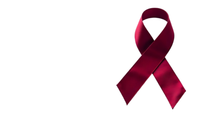 A burgundy ribbon against a transparent background represents Multiple Myeloma Awareness Month and solidarity with those affected