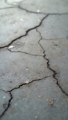 Obraz premium Close up of grey concrete ground with deep cracks and small bubbles. Rough textured surface shows signs of age and wear. Abstract industrial background detail.