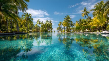 Clear turquoise water of a resort infinity pool mirrors lush tropical palm trees under a bright blue sky