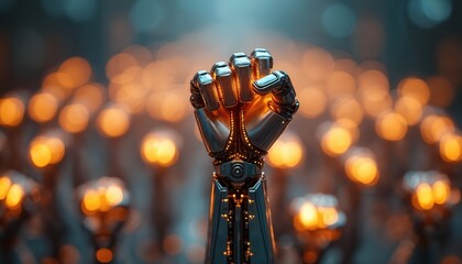 Robot metallic fist raised up in crowd. Artificial intelligence symbol of unity strength and power. Futuristic cybernetic hand with glowing lights in dark background.