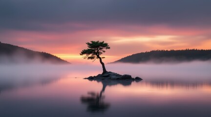 Solitary tree on island in misty sunrise over calm water