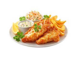 Front view of a delicious Classic Fish and Chips dish with Tartar Sauce, Cabbage Salad and Lemon Slices, isolated on a transparent background.