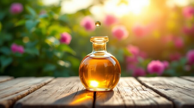 Golden elixir in a glass bottle amidst blooming flowers