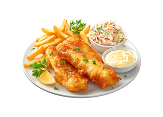 Golden Fish and Chips Platter with Tartar Sauce and Fresh Coleslaw on a White Plate isolated on a transparent background