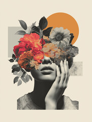 A woman from shoulders up, her face adorned with exquisite flowers