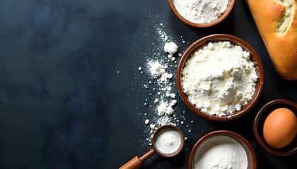 Ingredients for baking bread, eggs, flour, and more arranged on a dark table, celebrating National Flour Month