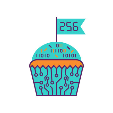  Programmers' Day 256 Badge Vector - Flat Microchip Emblem. Digital cupcake with binary code and circuit board design.