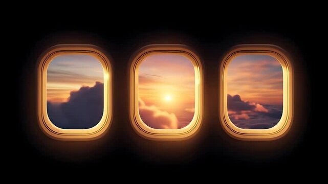 Three Portholes View of Golden Sunset Above Fluffy Clouds During Flight