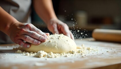 A person is kneading dough on a table, representing the craft of baking and the importance of whole grains