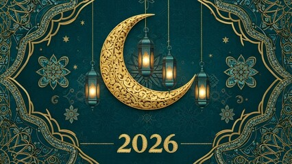 Arabic calligraphy ornament on gold and blue background with decorative pattern and vintage design