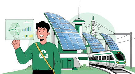 Man holding tablet with wind turbine icon.