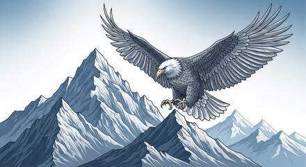 A majestic bald eagle with outstretched wings flying above a range of snow-capped mountains under a bright sky, rendered in an illustrative style.