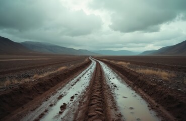 Fototapeta premium Muddy dirt road cuts through barren landscape. Tractor tire tracks mark wet brown earth under overcast sky. Remote offroad terrain, challenging travel path.