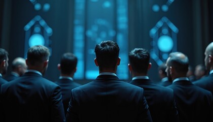 Men in suits face large screen with futuristic graphics. Group attends formal meeting or trial. Decisions made about future tech and law in modern setting.