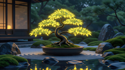 Magical Glowing Bonsai Tree in Enchanted Forest