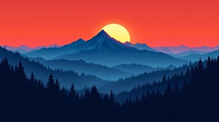 Vibrant sunset over majestic mountain range and pine forest