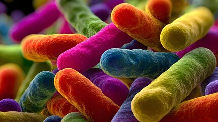 Vibrant microscopic organisms densely packed in a colorful cluster