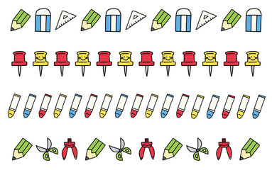 手描き風カラー文具の装飾線4本セット｜鉛筆・消しゴム・定規・画びょう・クレヨン・はさみ・コンパス
Hand-drawn Colorful Stationery Decorative Lines Set