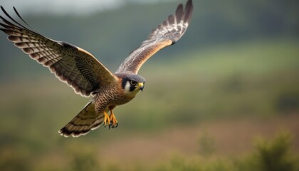 Obraz premium Peregrine falcon in mid air. Bird of prey with wings spread soars over blurred green landscape. It shows sharp eyes and talons ready for hunt.