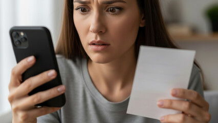 A woman looking at a bill with a worried expression, holding a phone and a piece of paper, possibly concerned about finances.