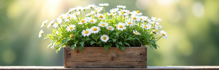 Obraz premium White daisy flowers grow in rustic wooden planter box with green leaves. Sunlight shines on bloom and foliage in garden setting. Perfect for summer porch decor.