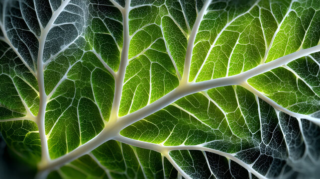 Chlorophyll process concept ,vibrant close up of leaf veins glowing with chlorophyll energy flow