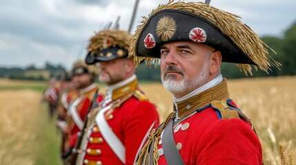 Fototapeta premium Historical Reenactors in Red British Army Uniforms Stand in Wheat Field on Cloudy Day