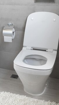 White ceramic toilet at luxury bathroom, nobody. Vertical footage