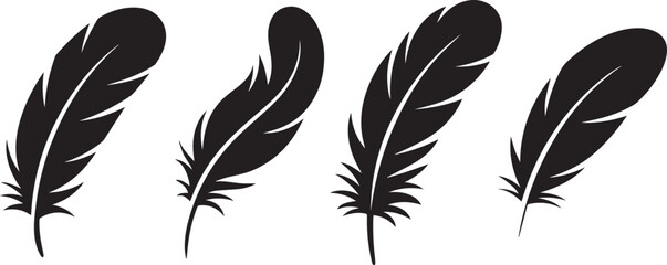Obraz premium Set of Feather Silhouette Vector Illustration, Black and White Minimal Nature Icon