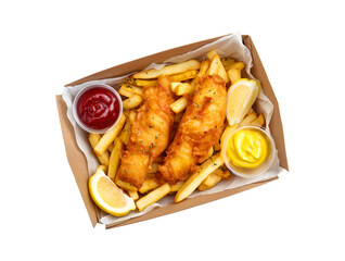 Top View of Crispy Fish and Chips Takeaway Box with Ketchup, Tartar Sauce, and Lemon Wedges isolated on a transparent background