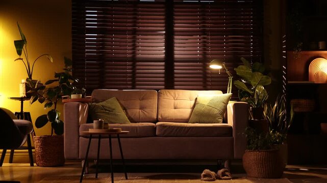 Stylish living room interior with sofa and houseplants. Camera zooming out