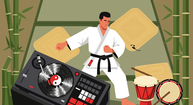 Man in Karate Uniform with DJ Equipment.
