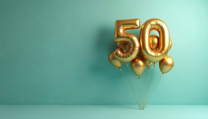 Golden balloons shaped like the number 50 float against a teal wall. This signifies a special milestone celebration, anniversary, or birthday event.