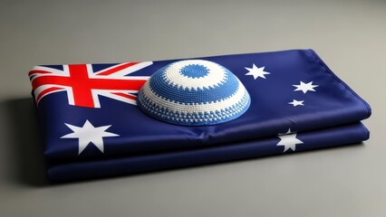 A traditional crocheted kippah resting on the Australian flag, symbolizing cultural identity and heritage, with copy space