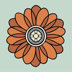 Stylized flower illustration with orange petals and a circular center on a light green background.