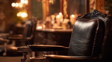 Retro barbershop interior featuring a leather chair and warm tones, evoking traditional grooming culture. lifestyle magazines.