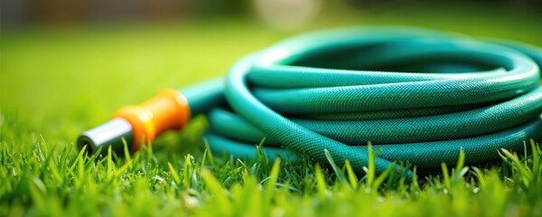 Green garden hose coiled on lush green grass. Water supply tool for irrigation and yard maintenance. Essential for watering plants and lawn care outdoors.