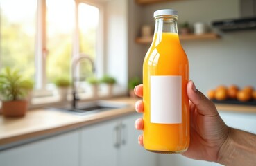 Hand holds glass bottle with orange juice beverage. Fresh drink sits on kitchen counter. Oranges are visible in background near window, sunlight filters in.