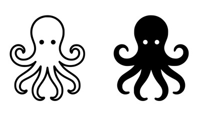 Seafood icon, octopus illustration, black and white, outline and silhouette versions