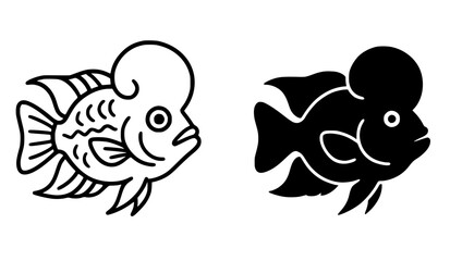 Seafood icon, flowerhorn fish illustration, black and white, outline and silhouette versions