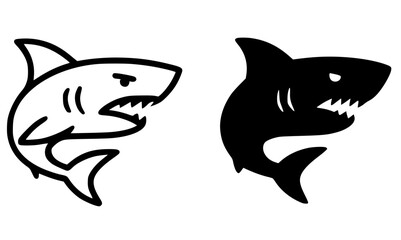 Seafood icon, shark illustration, black and white, outline and silhouette versions