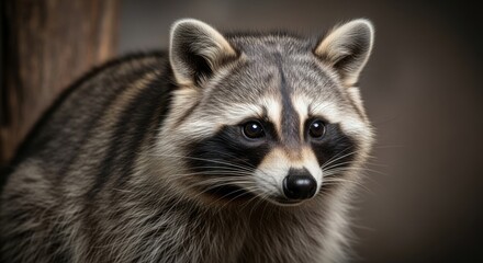 Fototapeta premium A close-up portrait of a raccoon with its distinctive black mask and striped fur, looking gently.