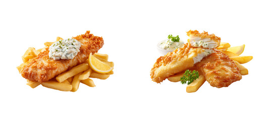 Two Different Photos of Crispy Golden Fish and Chips with Tartar Sauce and Lemon isolated on a transparent background
