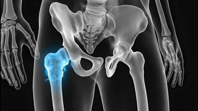 Detailed X-ray View of Human Hip Joint and Pelvis with Highlighted Femur Head.