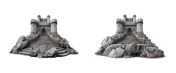 Two Different Images of Medieval Castle Entrance on Rocky Hill isolated on a transparent background
