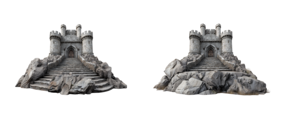 Two Different Images of Medieval Castle Entrance on Rocky Hill isolated on a transparent background