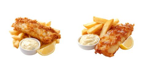 Two Golden Crispy Fish and Chips with Tartar Sauce and Lemon isolated on a transparent background