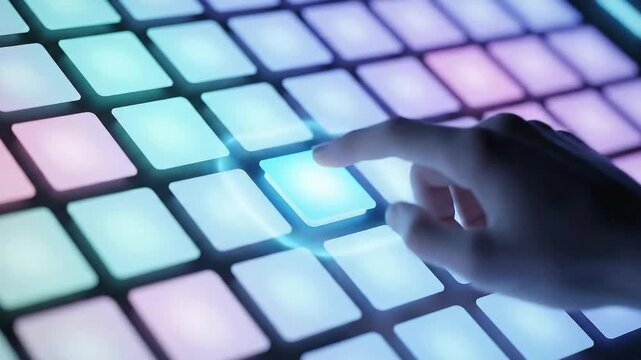 Electronic music production with a hand interacting with a glowing pad controller