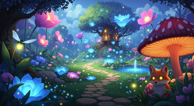 Whimsical Mushroom and Fox Fantasy Scene.
